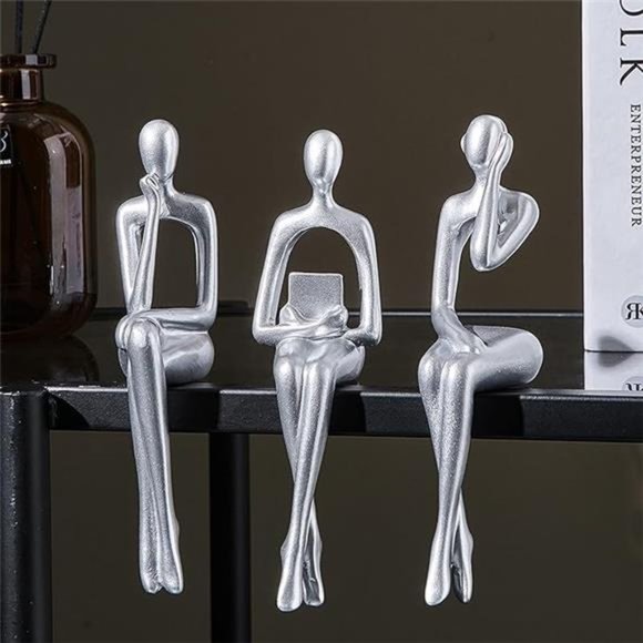 SilverDecor Thinker Statue Ornaments AbstractDecor Sculptures ResinStatue Modern - Picture 7 of 7